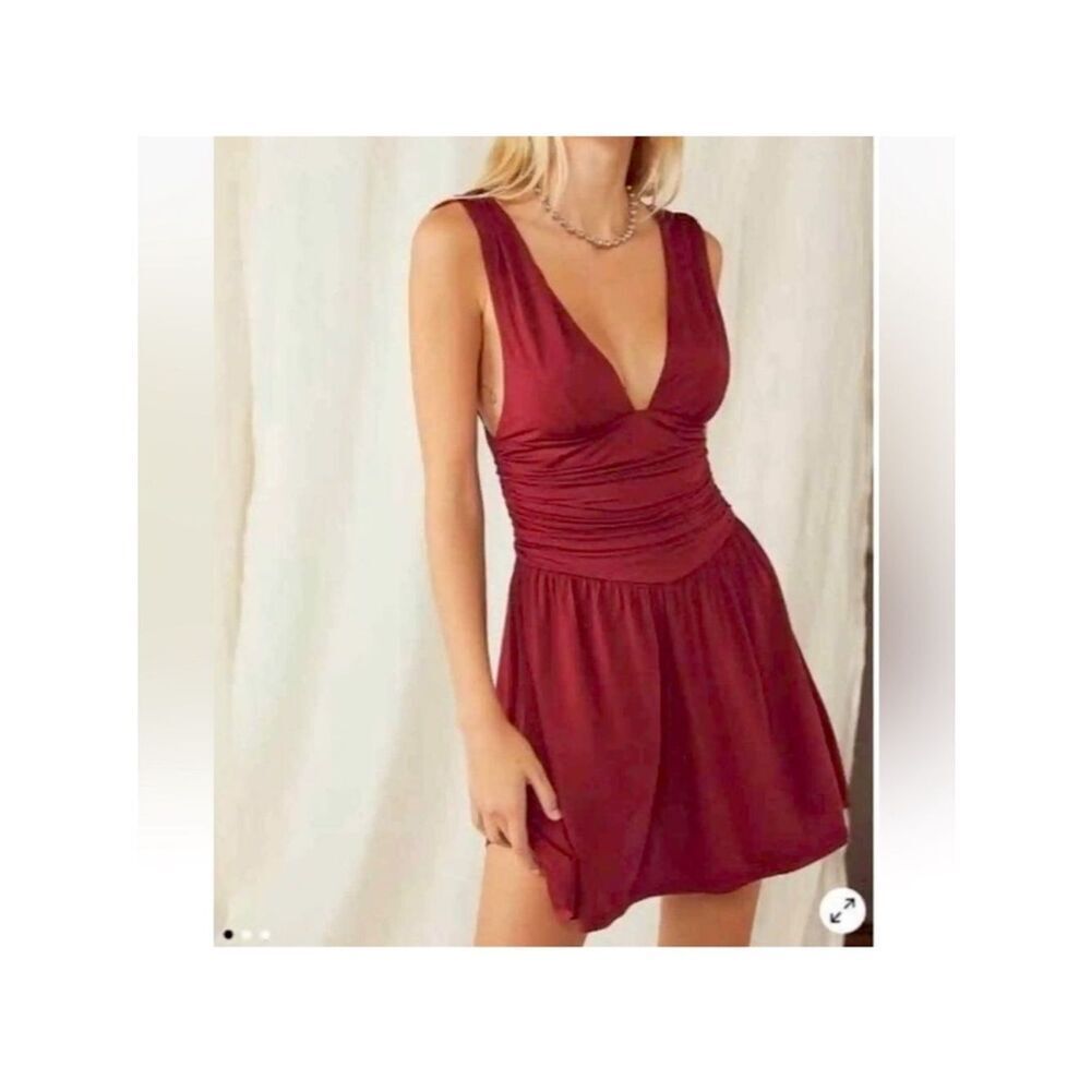 Free People  Burgundy V-Neck Ruched Here I Am Slip Waist Mini Dress
